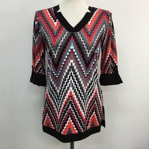 ND New Directions Women's Top Small Multi-color Black Orange Ivory Pink V-Neck